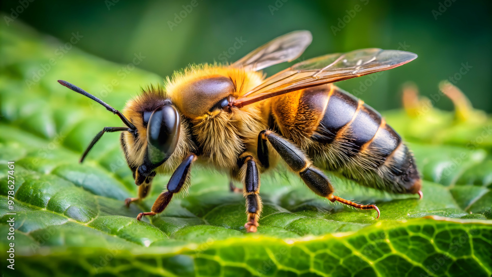 The bee is perched on a green leaf, likely in a garden or natural environment. The bee is perched on a green leaf, likely in a garden or natural environment.