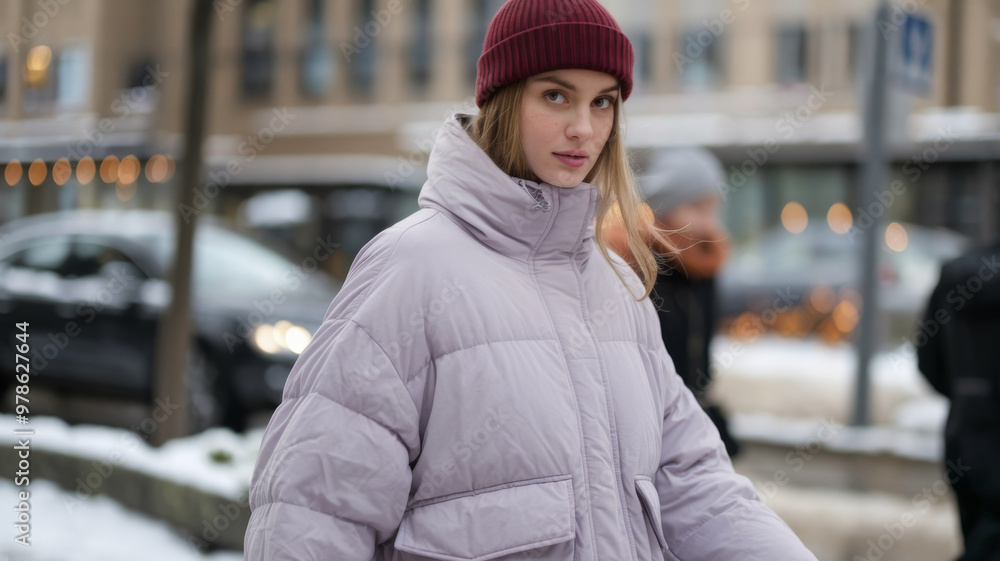 Fototapeta premium Woman wearing a oversized lavender down jacket and maroon beanie, walking on a snowy street in an urban environment. Concept of winter fashion and street style.