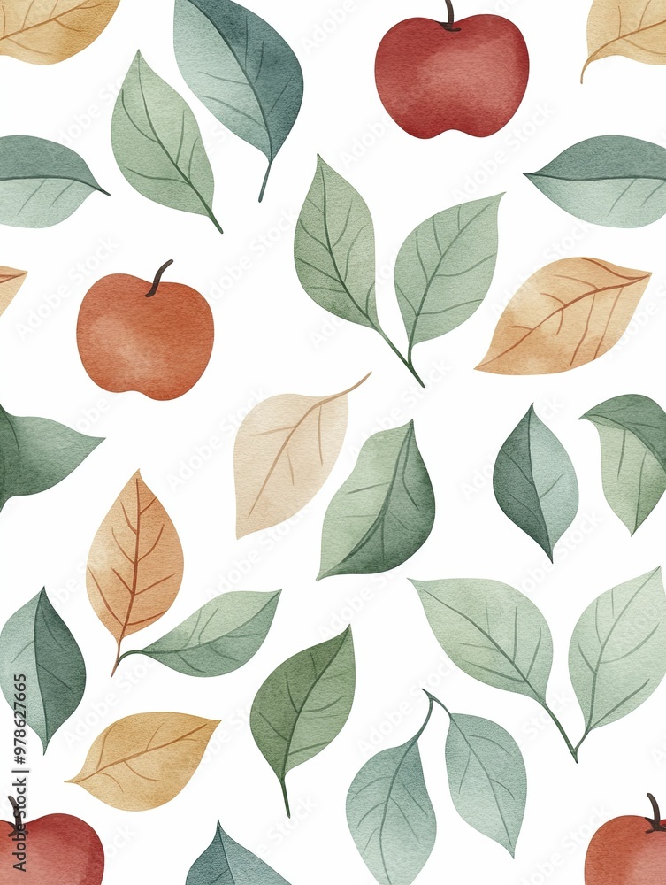 Obraz premium Vibrant Pattern Featuring Lush Green Leaves and Bright Red Apples, Perfectly Blending Natures Elements into a Captivating Design