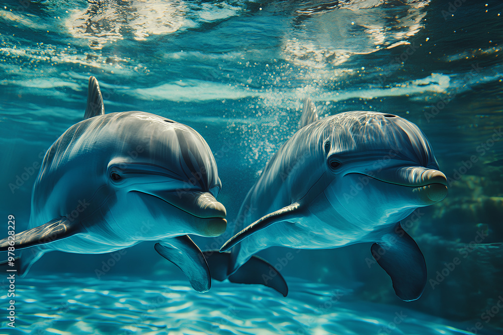 Obraz premium Two dolphins swimming gracefully underwater, showcasing their playful nature.