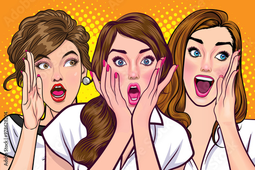 Woman whispering gossip secret to her friend surprise In Retro Vintage Pop Art Comic Style
