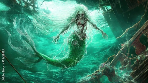 A skeletal mermaid with tattered flesh swims eerily through a sunken shipwreck, creating a dark fantasy underwater scene. photo