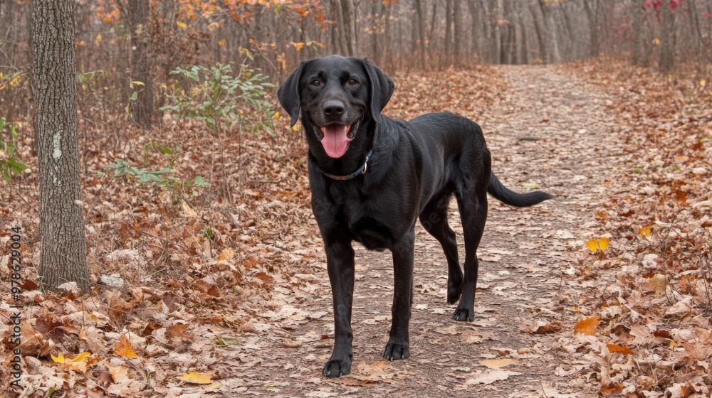 A black Labrador retriever happily walks along a winding trail covered with fallen leaves, surrounded by vibrant autumn foliage in a peaceful forest setting A black Labrador retriever happily walks along a winding trail covered with fallen leaves, surrounded by vibrant autumn foliage in a peaceful forest setting