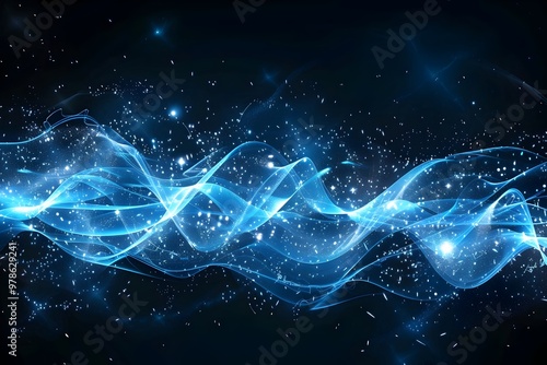 Abstract blue waves on a black background with glowing particles, digital sound waves, and energy moving in space for a modern technology concept design