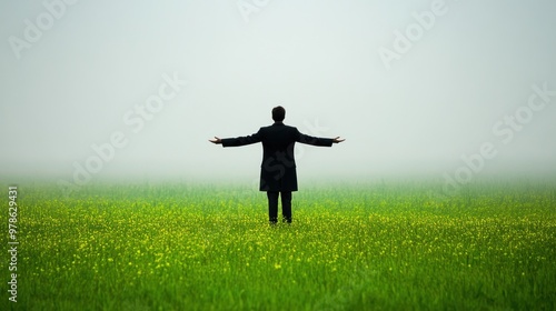 A man dressed in a coat stands confidently in a lush, green field filled with wildflowers, arms wide open, soaking in the serene atmosphere during a foggy morning