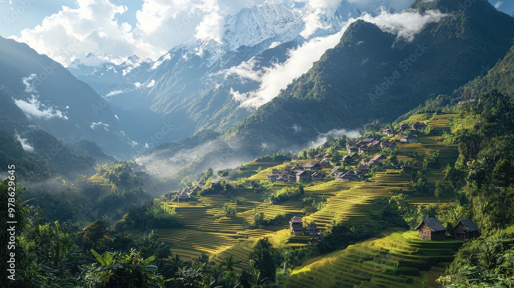 Fototapeta premium A breathtaking mountain landscape featuring lush greenery, serene village, and majestic peaks under a clear blue sky.