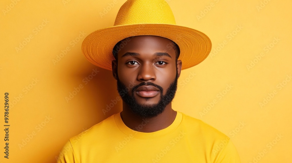 A man stands confidently in a yellow t-shirt and wide-brimmed hat against a bold yellow backdrop, showcasing his distinctive fashion sense and personality A man stands confidently in a yellow t-shirt and wide-brimmed hat against a bold yellow backdrop, showcasing his distinctive fashion sense and personality