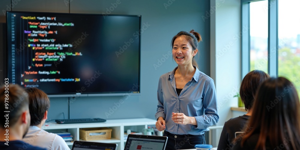 custom made wallpaper toronto digitalAsian Female Instructor Leading Programming Class with Diverse Group of Students Using Laptops