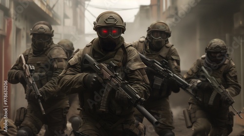 A group of highly trained operatives moves stealthily through a debris-littered street while equipped with advanced weaponry and tactical gear