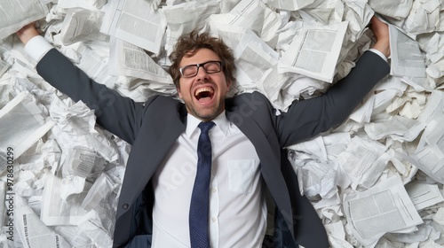 A man in a suit lies on top of a large mound of crumpled papers, laughing heartily. His carefree expression contrasts with the chaotic office environment surrounding him photo