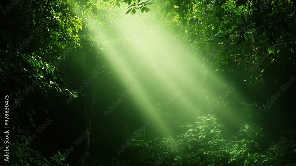 Fototapeta premium Soft rays of sunlight illuminate the dense greenery, creating a serene atmosphere in the forest as morning light breaks through the treetops