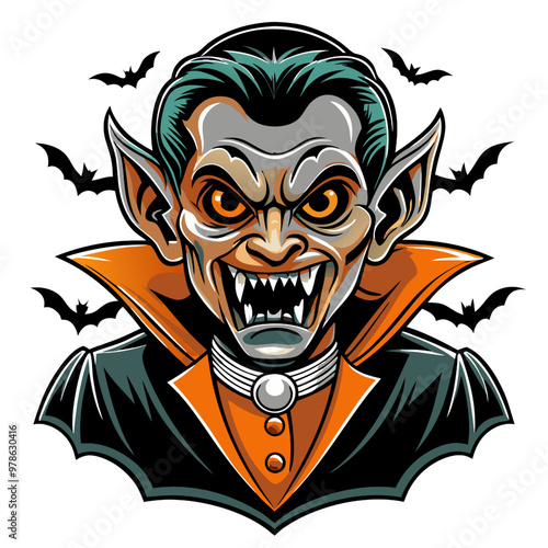 Vlad's Menacing Glare: A chilling illustration of Count Dracula, complete with piercing eyes, fangs bared, and a menacing grin, set against a backdrop of fluttering bats. 