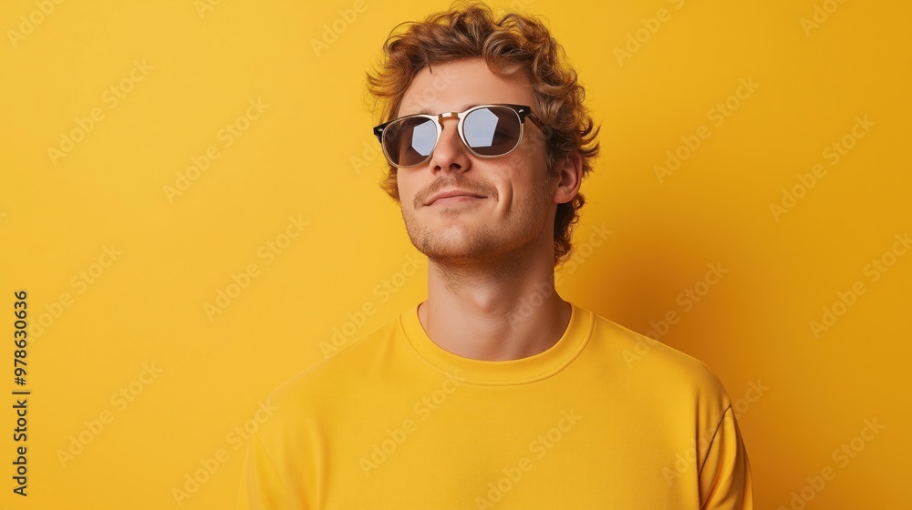 A young man in a bright yellow shirt and stylish sunglasses poses against a matching sunny backdrop, exuding confidence and a positive vibe in the daylight A young man in a bright yellow shirt and stylish sunglasses poses against a matching sunny backdrop, exuding confidence and a positive vibe in the daylight