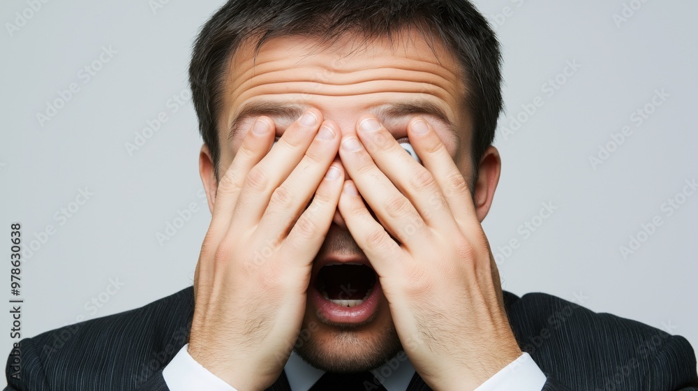 A businessman in formal attire shows signs of frustration, covering his face with his hands as he experiences a stressful moment at work, conveying the pressures of corporate life A businessman in formal attire shows signs of frustration, covering his face with his hands as he experiences a stressful moment at work, conveying the pressures of corporate life