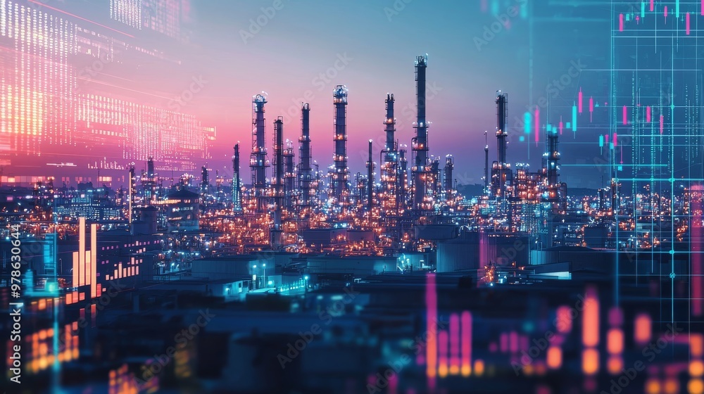 A city skyline with oil refineries in the background, where an AI-driven analytics engine processes vast amounts of data from global oil markets. A city skyline with oil refineries in the background, where an AI-driven analytics engine processes vast amounts of data from global oil markets.