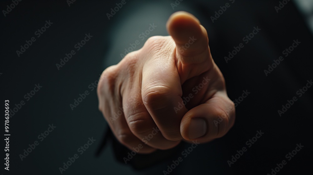A hand extends forward, index finger pointing assertively in a dimly lit environment, conveying a sense of urgency and seriousness in the interaction taking place A hand extends forward, index finger pointing assertively in a dimly lit environment, conveying a sense of urgency and seriousness in the interaction taking place