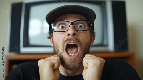 A man expressing excitement with raised fists and a wide grin while fixedly watching an old television set in a comfortable indoor setting