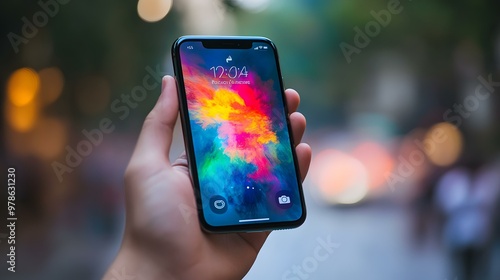 Hand Holding Smartphone With Colorful Abstract Background