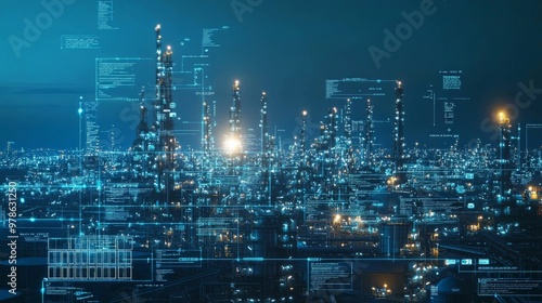Wallpaper Mural A city skyline with oil refineries in the background, where an AI-driven analytics engine processes vast amounts of data from global oil markets. Torontodigital.ca