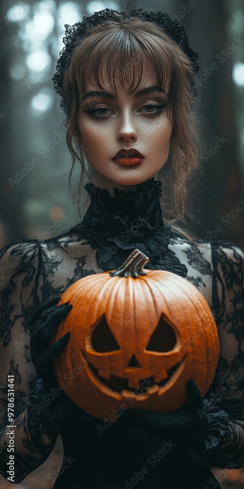 Goth inspired woman, holding a carved pumpkin, fashion and make-up shoot Portrait. Gothic, Goth, Victorian, Dark style fashion. Dark smokey make-up, red lipstick. Dramatic. Elegant. Goth inspired woman, holding a carved pumpkin, fashion and make-up shoot Portrait. Gothic, Goth, Victorian, Dark style fashion. Dark smokey make-up, red lipstick. Dramatic. Elegant.