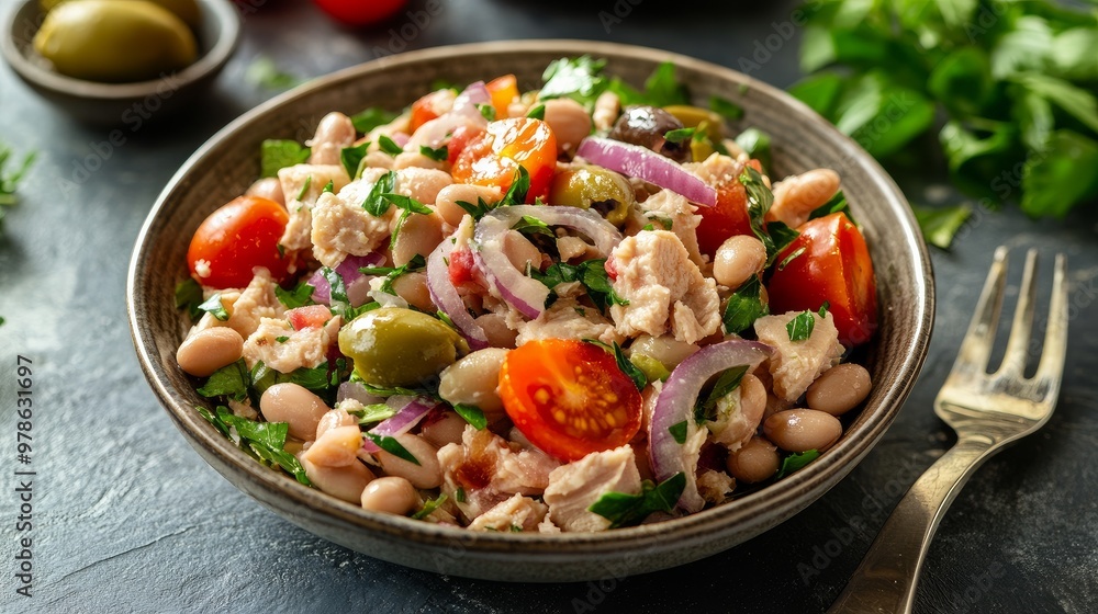 Tuna salad with white beans, tomatoes, and red onions. wholesome cuisine
Tuna salad with white beans, tomatoes, and red onions. wholesome cuisine