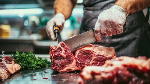 A chef skillfully slicing raw meat in a modern kitchen, showcasing culinary expertise and fresh ingredients. photo