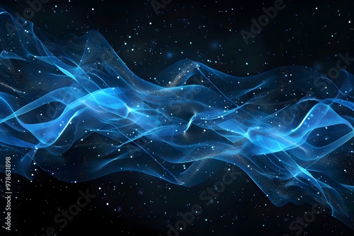 Blue, glowing waves of energy with particles on a black background. An abstract, futuristic technology concept