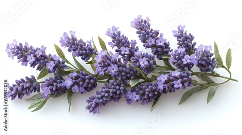 A sprig of lavender with purple flowers and green leaves.