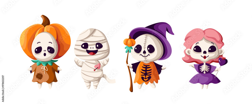 Fototapeta premium Cute Halloween holiday characters flat color vector icon set. Children in monsters costumes personages illustration pack on white background