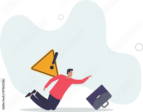 Caution or mistake attention, risk alarm with exclamation point symbol, error or failure warning,flat design with people.