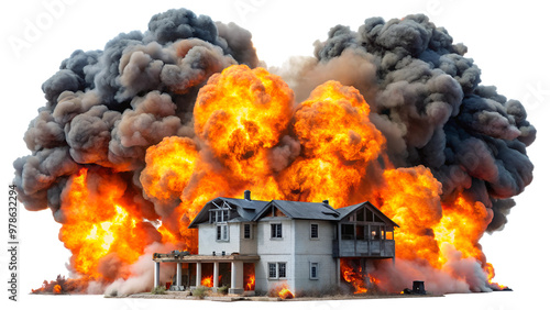 A dramatic explosion engulfs a house, surrounded by billowing smoke and fiery blasts, showcasing the chaos of destruction.