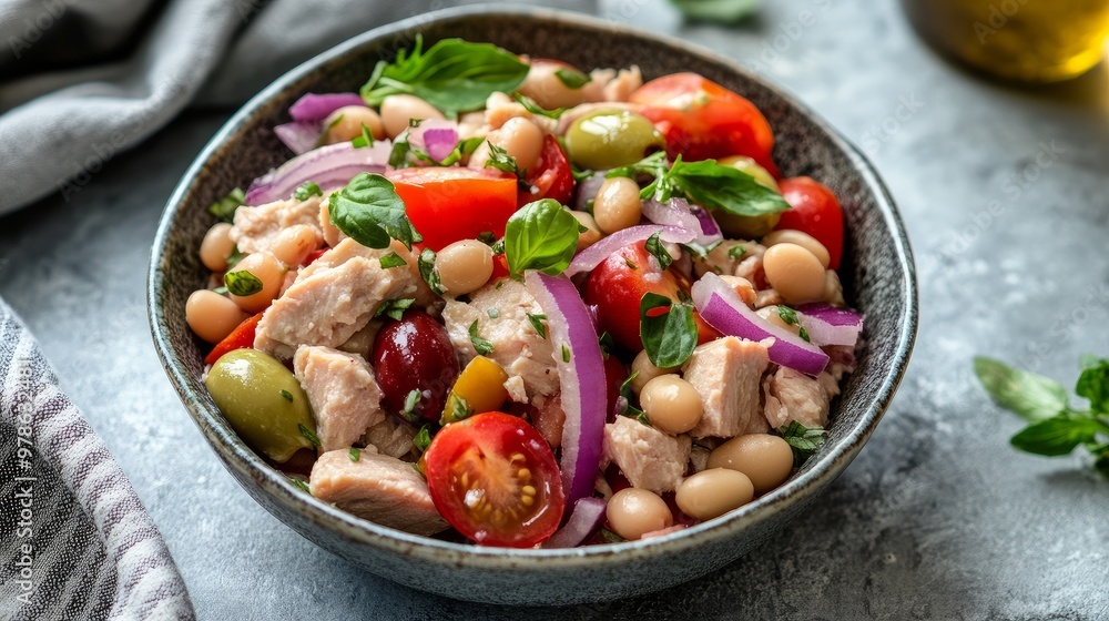 Tuna salad with white beans, tomatoes, and red onions. wholesome cuisine
Tuna salad with white beans, tomatoes, and red onions. wholesome cuisine