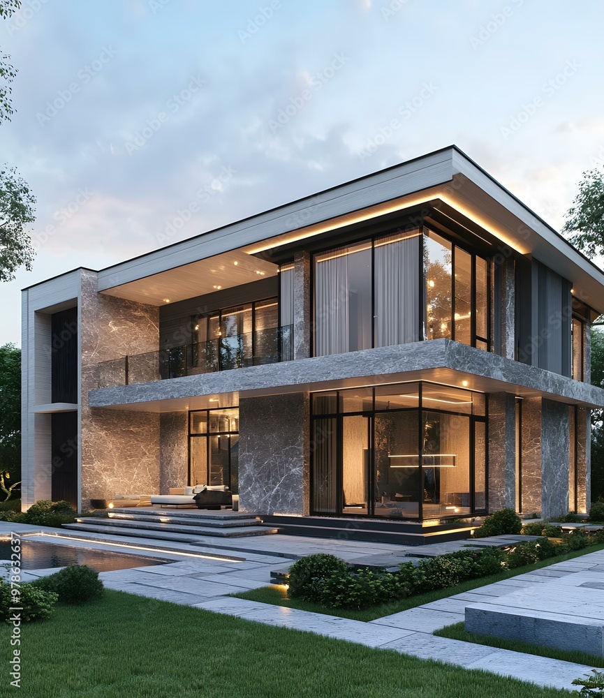 Fototapeta premium Modern House Design with Large Windows and Outdoor Pool