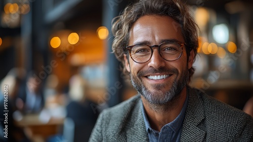 Happy Man Wearing Glasses Smiling In Cafe