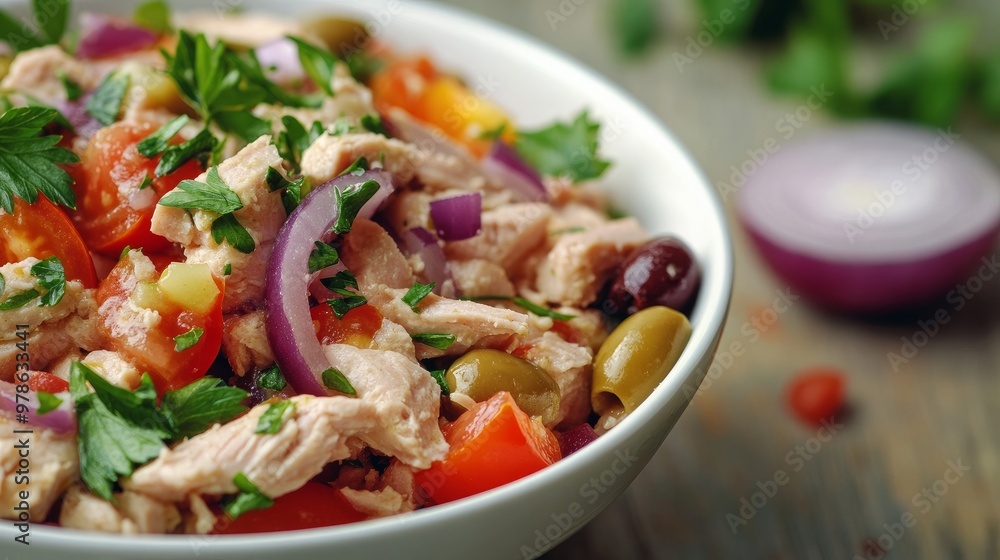 Tuna salad with white beans, tomatoes, and red onions. wholesome cuisine
Tuna salad with white beans, tomatoes, and red onions. wholesome cuisine