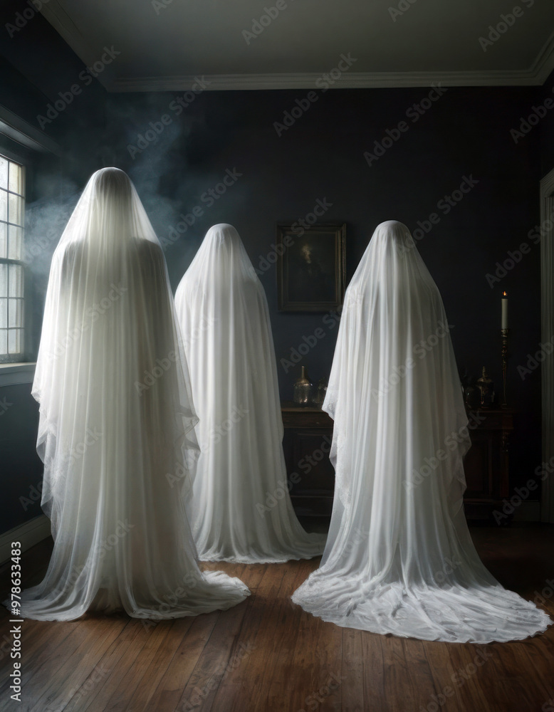 Ethereal figures shrouded in white linen indoors Ethereal figures shrouded in white linen indoors
