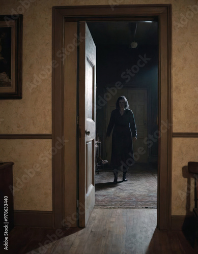 Woman in dark room peering through an open door