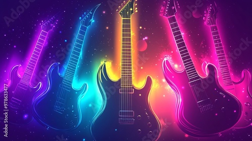 Neon electric guitars on a bright gradient background, music-themed digital art.