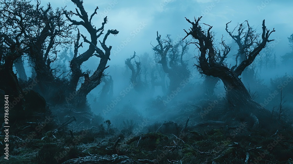 A haunting forest shrouded in mist, featuring eerie twisted trees and a mysterious atmosphere, perfect for spooky themes. A haunting forest shrouded in mist, featuring eerie twisted trees and a mysterious atmosphere, perfect for spooky themes.