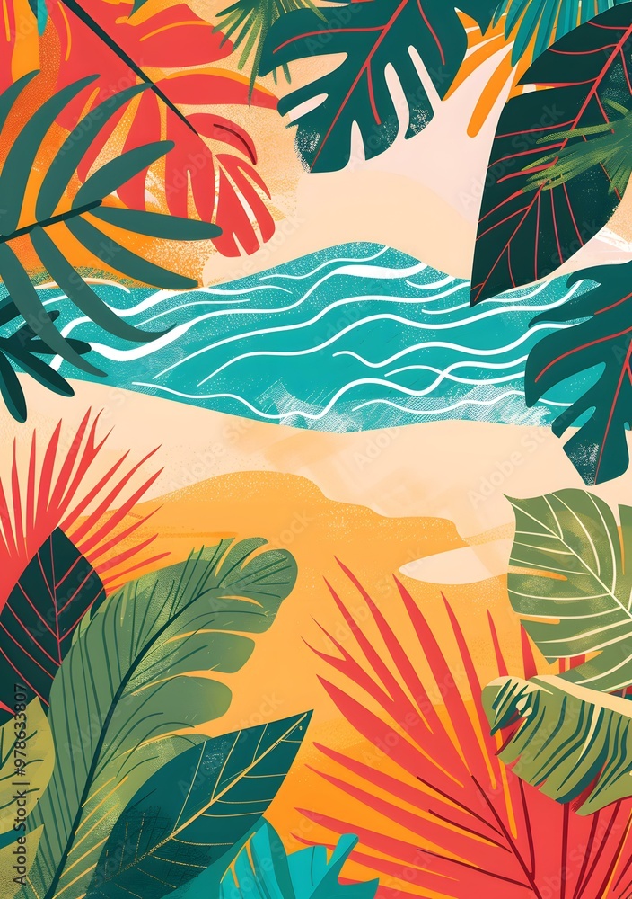 Obraz premium Tropical Leaves and Ocean Waves Illustration