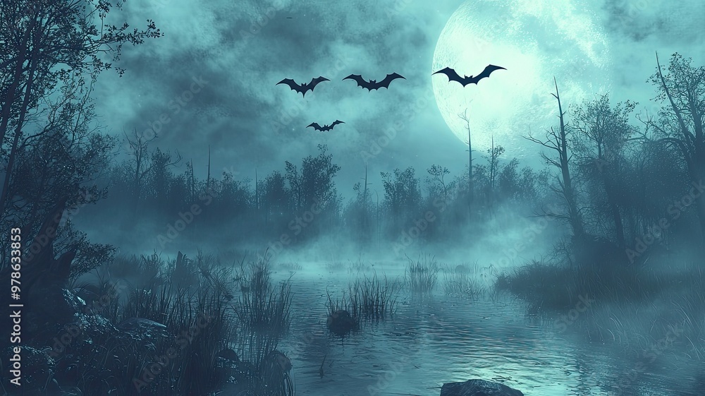 Fototapeta premium A haunting moonlit landscape with eerie fog, bats flying over a serene lake, perfect for spooky themes and Halloween ambiance.