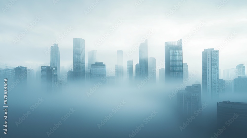A misty skyline view of skyscrapers emerging from fog, creating a serene and mysterious urban atmosphere. A misty skyline view of skyscrapers emerging from fog, creating a serene and mysterious urban atmosphere.
