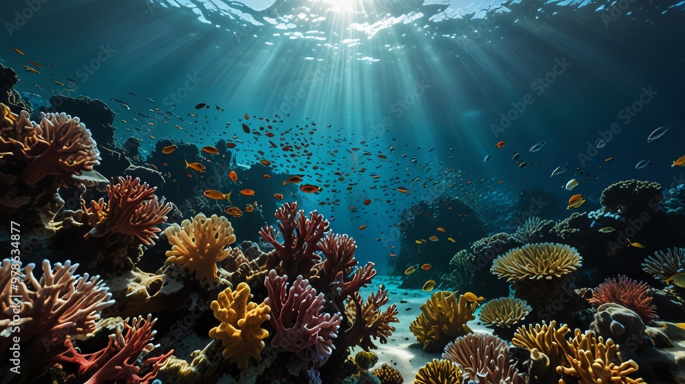 Obraz premium a coral reef with the sun shining through the water.