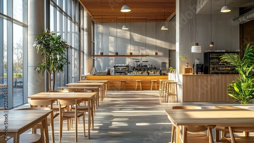 A modern cafe interior featuring wooden tables, large windows, and greenery, creating a warm and inviting space for patrons. photo