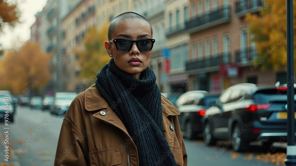Stylish woman with shaved head in oversized coat and sunglasses walks through autumn streets of a city, showcasing urban fashion and vibes. Stylish woman with shaved head in oversized coat and sunglasses walks through autumn streets of a city, showcasing urban fashion and vibes.
