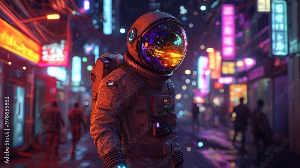 Obraz premium Neon Cyberpunk Astronaut in Hyper-Realistic Suit on Glowing Street at Night