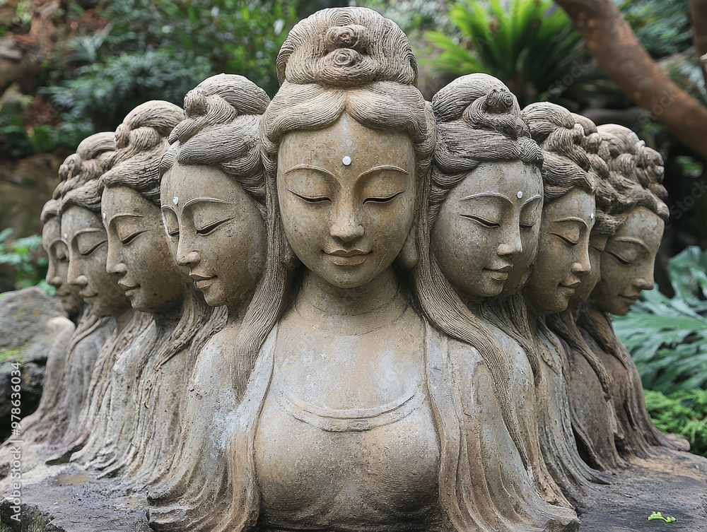 Fototapeta premium Stone Sculpture of Multiple Buddhas in a Garden