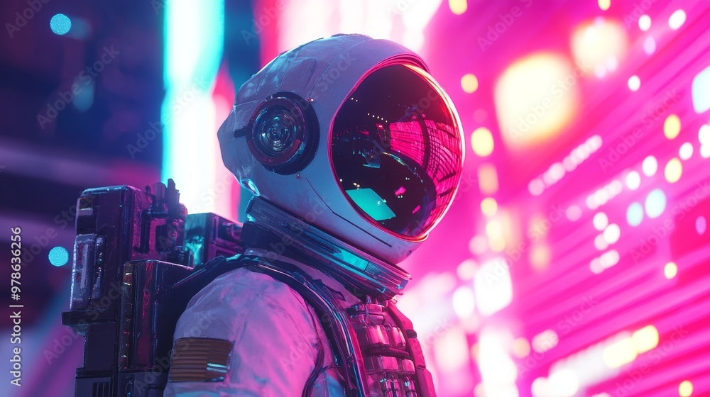 Futuristic Astronaut in Cyberpunk Exosuit with Glowing Holographic Sign Reflections Futuristic Astronaut in Cyberpunk Exosuit with Glowing Holographic Sign Reflections