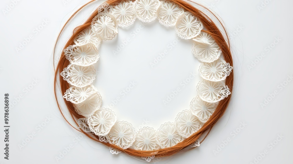 Fragile, intricately cut and delicate paper circles with lace-like patterns and textured edges lie flat on a warm, Fragile, intricately cut and delicate paper circles with lace-like patterns and textured edges lie flat on a warm,