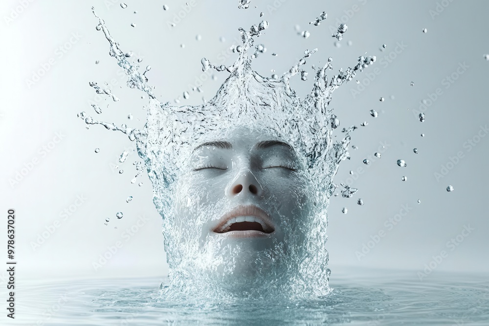 3D Rendering of Face Emerging from Splashing Water 3D Rendering of Face Emerging from Splashing Water